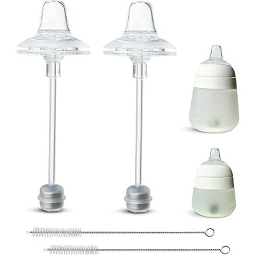Sippy Cup Conversion Kit for Nanobébé Flexy Silicone Baby Bottles 2-Count, Soft Food Grade Silicone Sippy Spout Nipples and Weighted Straw, Cleaning Brush, BPA Free, 4+ Months (Sippy Kit)