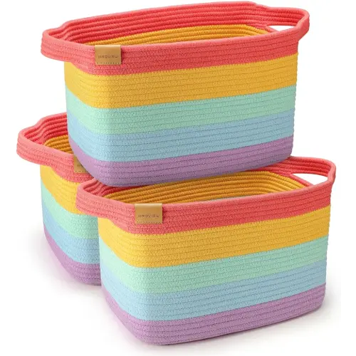 L1 Rainbow Storage Baskets, Toy Storage Bins for Nursery Baby, Rope Woven Basket for Shelves, Clothes Towels Socks Storage Organizer Basket with Handles, 14.5 x 9.8 x 8.6'', 3 Pack
