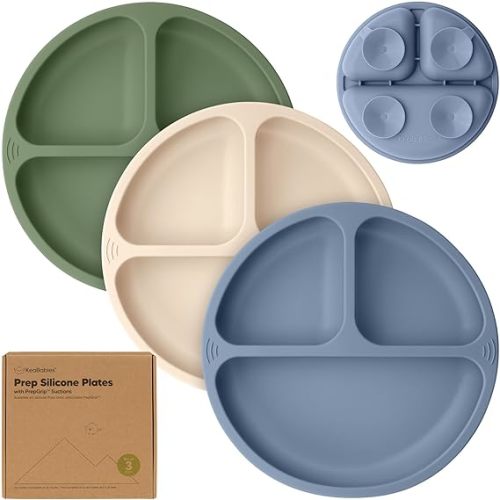 KeaBabies 3-Pack Suction Plate, 100% Silicone Divided Baby Plates with PrepGrip Suctions, BPA-Free, Microwave, Dishwasher Safe, Slate (7.9x1.0x7.9 inches, 1.17 lbs, 100% Food-Grade) - Without Lids