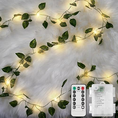 suddus Vine with Fairy Lights Battery Operated, 33ft100 LED Pothos String Lights with Remote, Leaf Lights for Bedroom, Room, Wall, Garden, Party, Wedding Dorm Decor(Warm White)