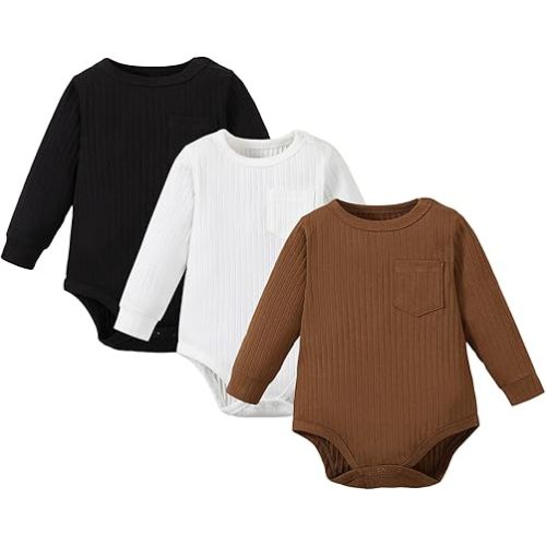 ROMPERINBOX Newborn Onsies Boy 3 Pack Rib Knit Baby Bodysuit Solid Color with Pocket Long Sleeve for Unisex