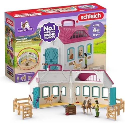 Schleich Horse Club - 60PC Little Horseshoe Open Stable Playset - Easy Carry Set with 2 Horse Figurines, Action Figure, Stable and Accessories - Toy Horses for Girls and Boys - Kids Ages 5+ | 42703