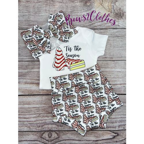 Tis The Season/ Christmas Trees High Waisted Bummies/ Baby Girl High Waisted Shorts/ Bummies and Headwrap Bow Set