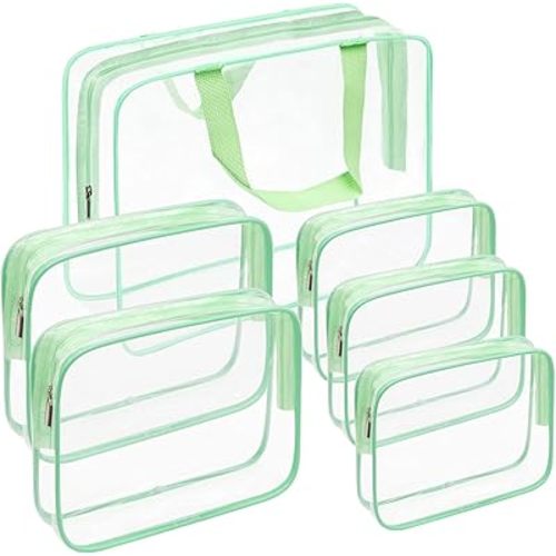 APREUTY Clear Makeup Bags, TSA Approved 6 Pcs Cosmetic Makeup Bags Set Clear PVC with Zipper Handle Portable Travel Luggage Pouch Airport Airline Vacation Organization (Green)