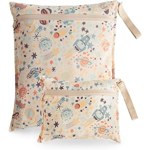 mushie Water Resistant Wet Bags | Large & Small Reusable Storage Bag for Baby Items and Travel | Zippered Pockets with Handle | Machine Washable, Set of 2 (Space)