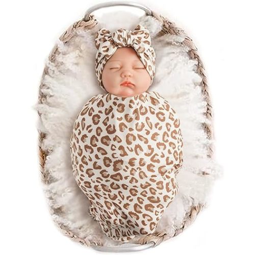 Konssy Baby Girl Newborn Receiving Blanket with Headband Set Baby Swaddle Nursery Swaddle Wrap