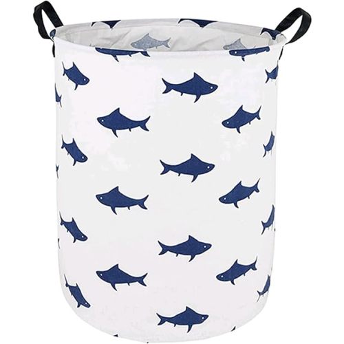 Round Laundry Basket Waterproof Round Cotton Linen Collapsible Storage bin with Handles for Hamper Kids Room,Toy Storage(navy shark)