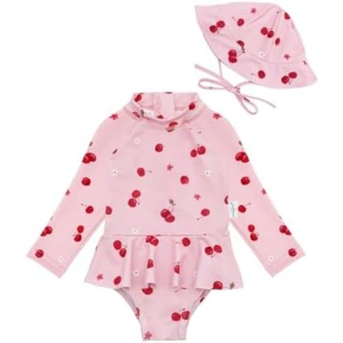 babygoal Infant Baby Girl One-Piece Swimsuit Long Sleeve Rash Guard with Hat for UPF 50+ Sun Protection