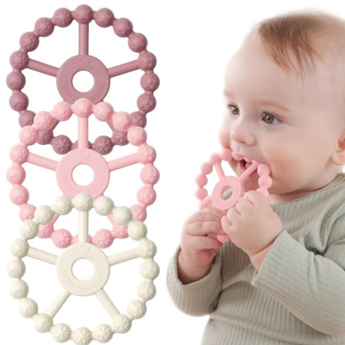 3 Pack Ring Teether Baby Infant Toys, Silicone Teething Ring Toys for Babies 0-6 Months, Seposeve Baby Teethers 6-12 Months 12-24 Months, Easy to Grasp Toy, Infant Teething Relief, Purple Pink White