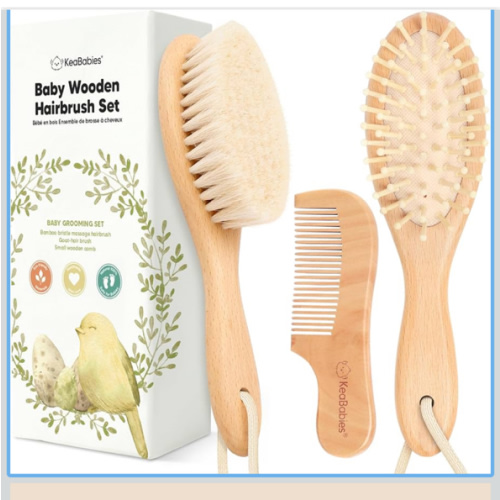 Baby Hair Brush and Comb Set for Newborn - Wooden with Soft Goat Bristle, Newborns Girl, Boy, Toddler Cradle Cap (Oval, Walnut)