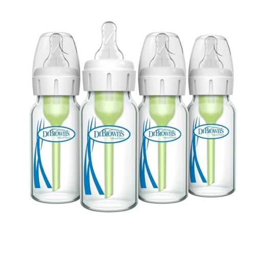 Dr. Brown's Anti-Colic Options+ Narrow Glass Baby Bottle with Level 1 Slow Flow Nipple, BPA-Free, 4 oz/120mL, 4-Pack