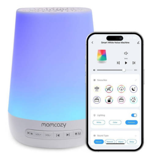 Baby Sound Machine, Momcozy White Noise Machine for Baby Sleeping with Night Light, Toddler Sleep Trainer with 34 Soothing Sounds, Timer, App Remote Control, Personal Sleep Routine(Wood Grain)