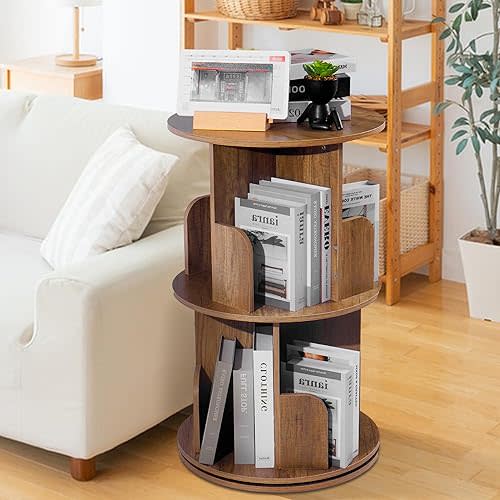 MYOYAY Rotating Bookshelf Tower 2 Tier, 360° Display Revolving Floor Standing Bookcase, Storage Rack Wood, Corner Book Shelf Organizer, for Small Space Living Room Study Room Bedroom Office