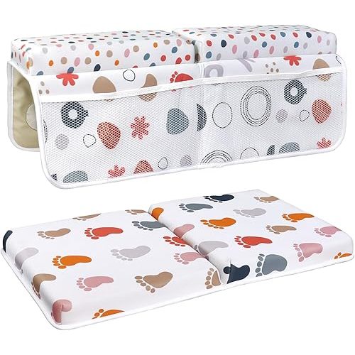 Bath Kneeler and Elbow Rest Pad Set, 1.6'' Comfortable Baby Bath Kneeler, Quick Dry Kneeling Pad for Bathing Baby, Non-Slip Knee & Arm Support Bathtub Pad with Toys Organizer(White)