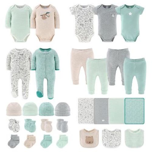 The Peanutshell Restful Basics Newborn Layette Set For Baby Boys And Girls, 30-pieces, Green/grey, 0-3 Months