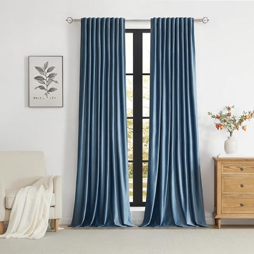 PRIMROSE 100% Full Blackout Velvet Curtains 90 inch Long for Living Room,Set of 2 Stone Grayish Blue Liner Rod Pocket Back Tab Thermal Window Curtains Room Darkening Curtains Drapes for Bedroom - Stone Blue - 52x90 inches