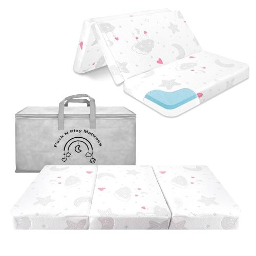 Trifold Pack and Play Mattress Pad, 38"x26" Memory Foam Dual Sided Pack N Play Mattresses for Baby Toddler, Portable Foldable Travel Crib Mattress for Pack N Play Playpen with Carry Bag