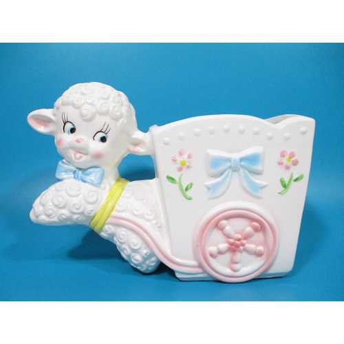 Vintage Lamb Planter Mid Century Nursery Decor Boy Girl Flower Cart Rubens Japan Farmhouse Country Shabby Cottage Container Free Shipping