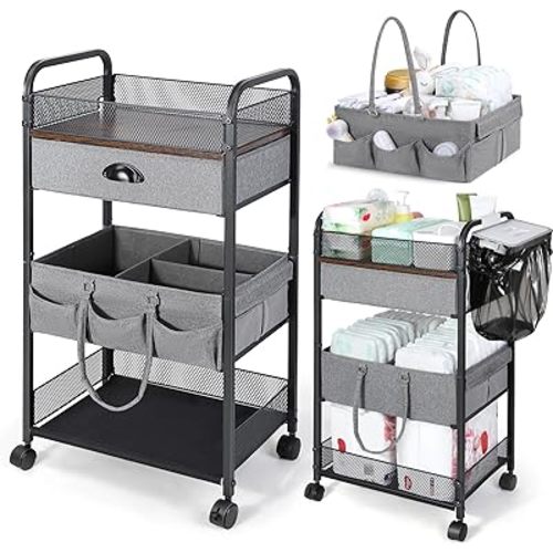 Orzbow Baby Caddy Cart Organizer, 4 Tier Baby Rolling Storage Cart with Drawer, Easy To Assemble, Detachable Infant Nursery Storage with Wheels for Bedroom, Changing Table & Crib, Gray