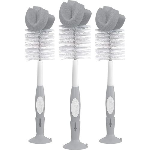 Dr. Brown's Reusable Sponge Baby Bottle Cleaning Brush Set with Suction Cup Stand, Scrubber and Nipple Cleaner, Gray, 3 Pack