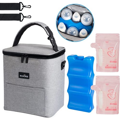 Manorie Breastmilk Cooler Bag with Improved Gel Ice Pack & Storage Bags - Insulated Baby Bottle Bag & Special PEVA Material Completely Waterproof & Leakproof - Holds Up to 6 Bottles