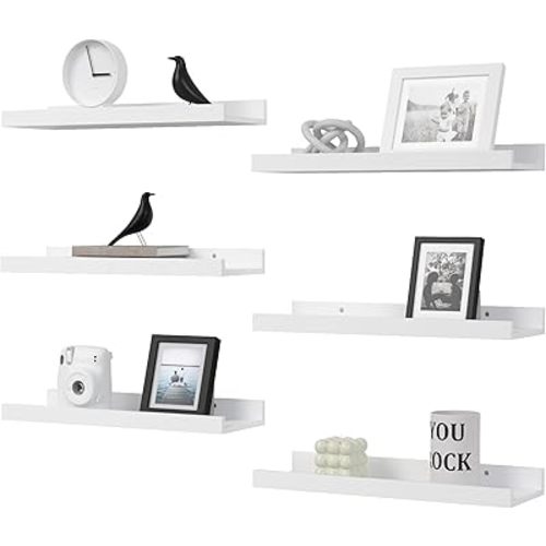 Floating Shelves Set of 6, White Wall Shelves with Lip, Display Shelves for Wall Decor, Modern Picture Ledge for Living Room, Bedroom, Nursery, Bathroom, Pictures, Books, Plants- White