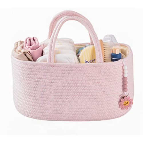 Baby Diaper Caddy Organizer for Girl Boy Rope Nursery Storage Bin Basket Portable Holder Tote Bag for Changing Table Car Travel Baby Shower Gifts Newborn Essentials Registry Must Have Items Pink - Regular - Light pink