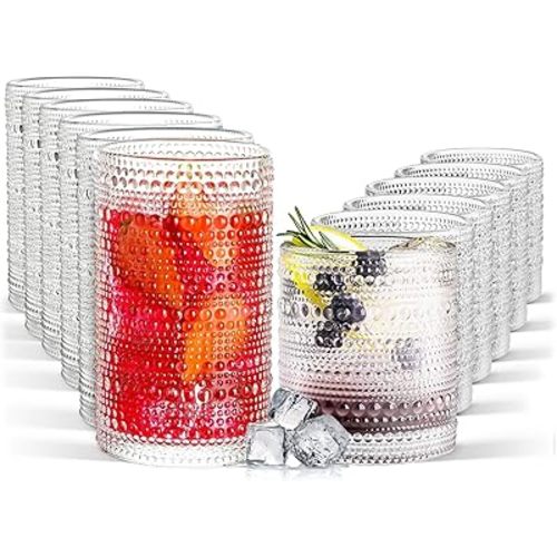 Hobnail Drinking Glasses Set of 12, 11.8 oz Vintage Glasses Drinking Set & 10 oz Cocktail Glasses Set, Embossed Glass Cups for Kitchen, Beer, Juice, Cocktail, Whiskey, Milk