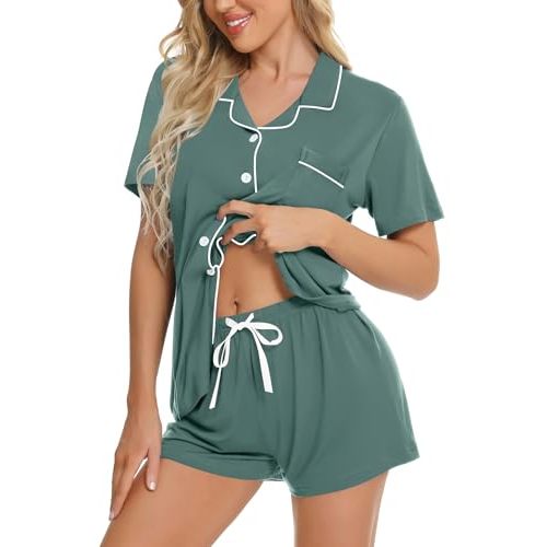 SWOMOG Womens Button Down Pajamas Set Short Sleeve Sleepwear Bride Soft Pj Lounge Sets XS-3XL