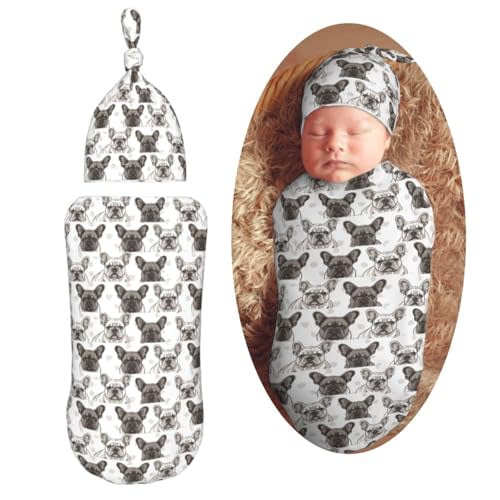 Muishi French Bulldog Faces Newborn Swaddle Blankets Hat Sets Soft Baby Receiving Blanket Swaddle Sack for Baby Shower Infant Boy Girl Gift