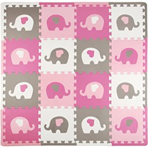 Tadpoles Elephants with HearsFoam Playmats for Kids, 16 Interlocking Foam Tiles, Waterproof, Durable, and Long-Lasting | Total Floor Coverage 50” x 50” | for Ages 3 and Up | Pink, Grey, and White