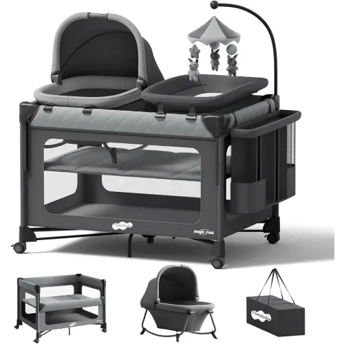 Pamo Babe Pack and Play with Bassinet - 7 in 1 One-Step Setup Bedside Crib, Portable Playpen, Travel Crib, Baby Playard with Diaper Changing Station, Toy Bar & Large Storage Bag
