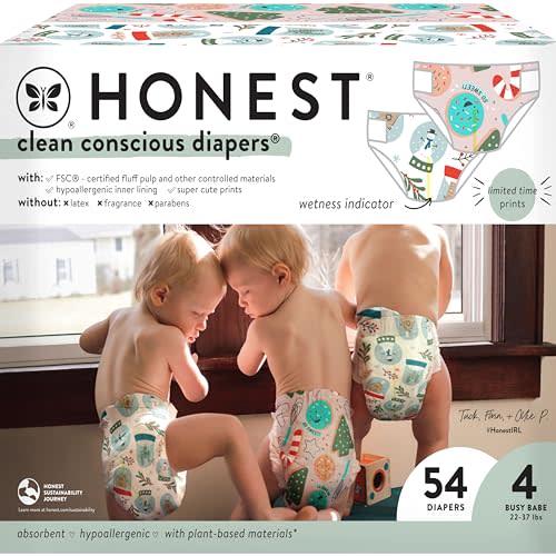 The Honest Company Clean Conscious Diapers | Plant-Based, Sustainable | Winter '24 Limited Edition Prints | Club Box, Size 4 (22-37 lbs), 54 Count