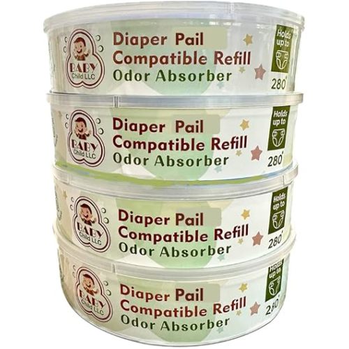 Diaper Pail Refills, Compatible with Diaper Genie, 4-Pack, 1080 Count, Odor Absorber, 7-Layer Smell-Bloc Technology