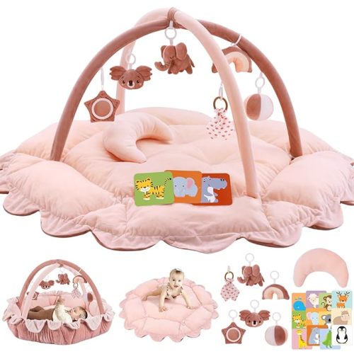 5-in-1 Plush Baby Play Gym, Activity Mat with Convertible Gym and Pillow, 6 Sensory Toys, Play Center from Newborn to Toddler, Pink