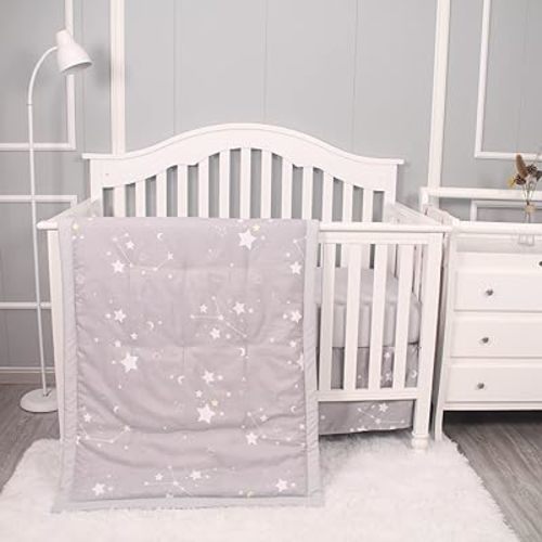 Belsden 3 Piece Crib Bedding Set for Baby Boys Girls, Classic Nursery Bedding Essential Including Comforter, Crib Sheet and Crib Skirt, Ultra Soft Cozy, Star Light Grey