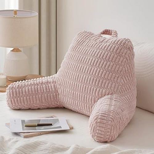 Blissful Diary Reading Pillow, Stylish Bed Pillow with Shredded Memory Foam for Adult Children Backrest, Back Pillow for Bed & Couch Sitting Up with Arms & Pockets & Washable Cover (Pale Pink)