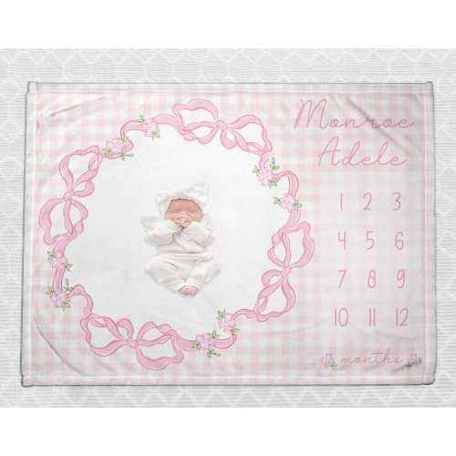 Pink Bows Baby Girl Milestone Blanket: Month Growth Track Photo Prop