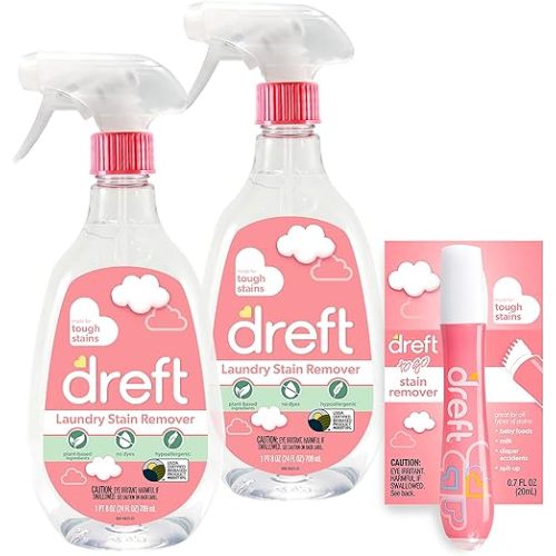Dreft Stain Remover for Baby Clothes, Fragrance Free and Hypoallergenic Baby Stain Remover Spray Plus Travel Size Stain Treater Pen, 24 Fl Oz ( Pack of 2 + Stain Pen)