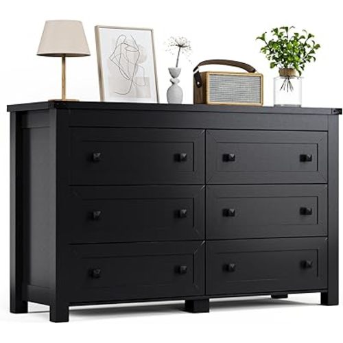 Black Dresser for Bedroom with 6 Drawers, Modern Chest of Drawers, Wood Dressers Bedroom Furniture Wide Storage Organizer, 6 Drawer Dresser for Closet, Living Room, Hallway