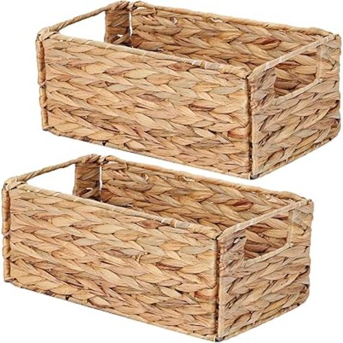 Vagusicc Wicker Storage Basket, Set of 2 Hand-Woven Storage Baskets for Organizing, Small Wicker Basket for Toilet Paper, Foldable Large Cube Storage Organizer Basket Bins for Shelves (Water Hyacinth)