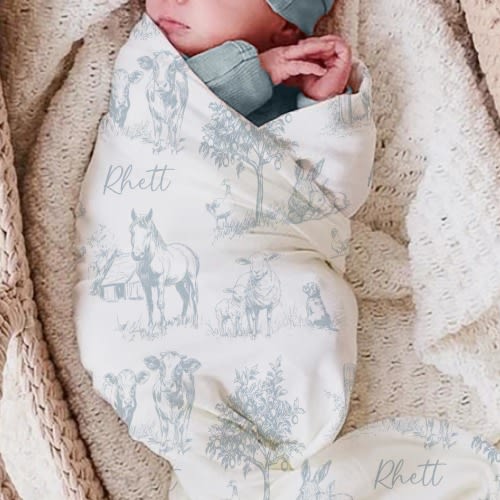 Toile Farm Animal Blanket Baby Boy/Personalized Swaddle Set Vintage Barnyard Animals/Baby Shower Gift/Farm Nursery Bedding