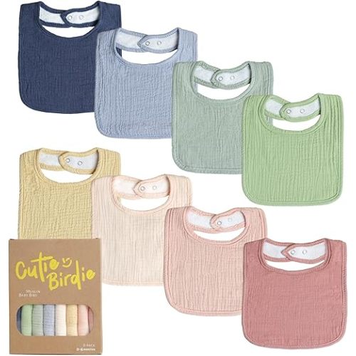 8-Pack Muslin Baby Bibs - Ultra-Absorbent, Soft Cotton Bibs for Drooling and Teething, Bibs for Boys and Girls, Machine Washable