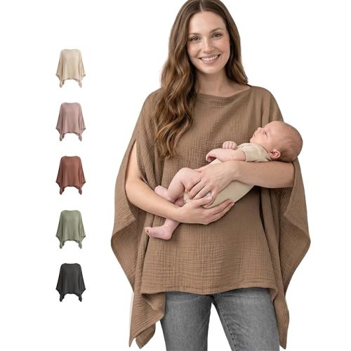 Konssy Muslin Nursing Cover for Breastfeeding, 360° Full Privacy Breathable 100% Cotton Breastfeeding Cover, Multi-use Carseat Canopy(Brown)