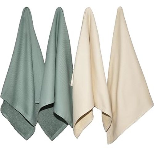 Premium Silver Infused Kitchen Towels - 100% Organic Cotton Dish Towels - Odor Controlled Tea Towels (Pack of 4) Absorbent Kitchen Hand Towels Sage/Birch