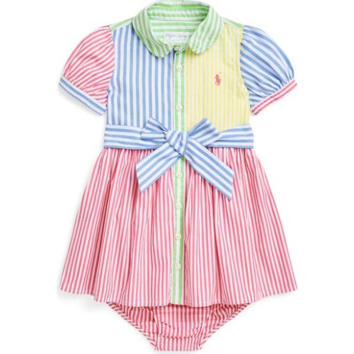 Stripe Colorblock Cotton Shirtdress & Bloomers, 9M