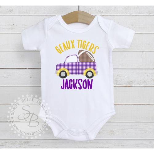 Gingham Football Truck Bodysuit; Tiger Bodysuit; Purple and Gold baby outfit