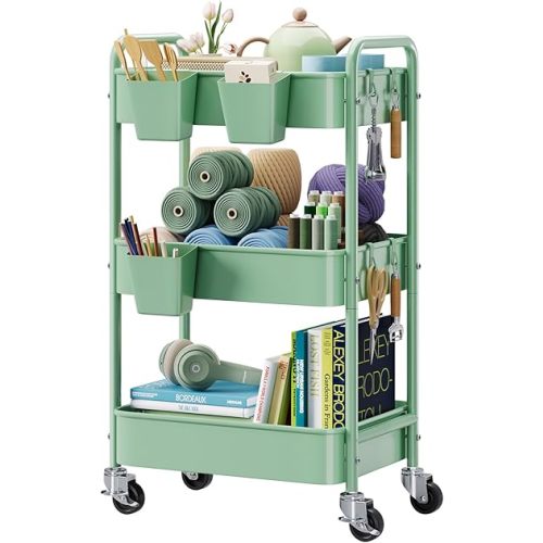 3 Tier Rolling Storage Cart Metal with Wheels, Green Mesh Baby Diaper Caddy Carts, Three Tiered Craft Cart Organizer on Wheels, Utility Trolley for Art, Book, Snack, Classroom, Laundry, Bathroom Shelf