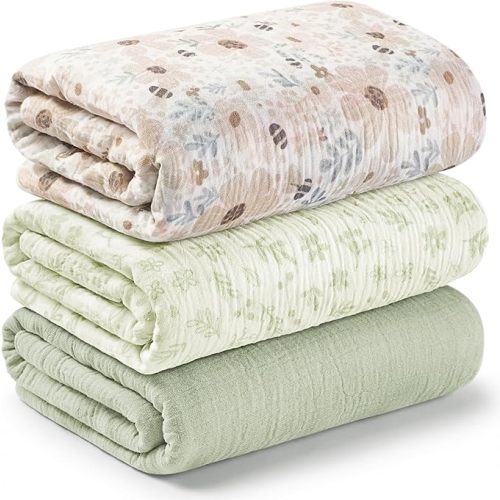 3-Pack Muslin Swaddle Blankets for Newborns Boy,Girl – 47x47 Large Cotton Muslin Baby Blanket, Nursery Swaddling, Neutral, Soft, Breathable, Light Infant Baby Receiving Cover (Flora Vale, Regular)