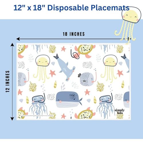Disposable Placemats for Toddlers - 60 Pack Stick-On Disposable Placemats for Baby with Cute Print - 12"x18" Strong Adhesive Toddler Placemats - for Restaurants, Home, or Travel | Simply Tots Brand